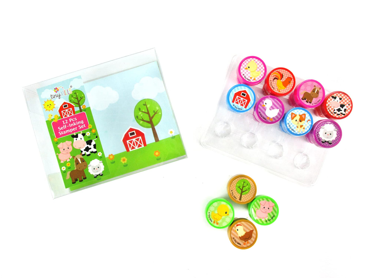 TINYMILLS 12 Pcs Farm Animals Stamp Kit for Kids - Farm Animals Barnyard Self Inking Stamps Gift Party Favors