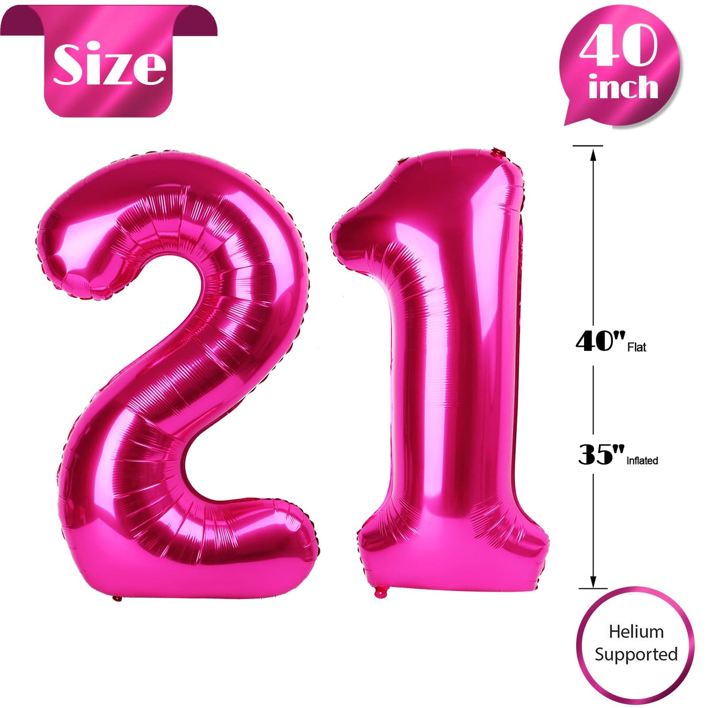 21 Balloon Number, Hot Pink Number 21St Birthday Balloons 40 Inch, 21 Or 12 Years Old Hot Pink Birthday Decorations For Men Wome