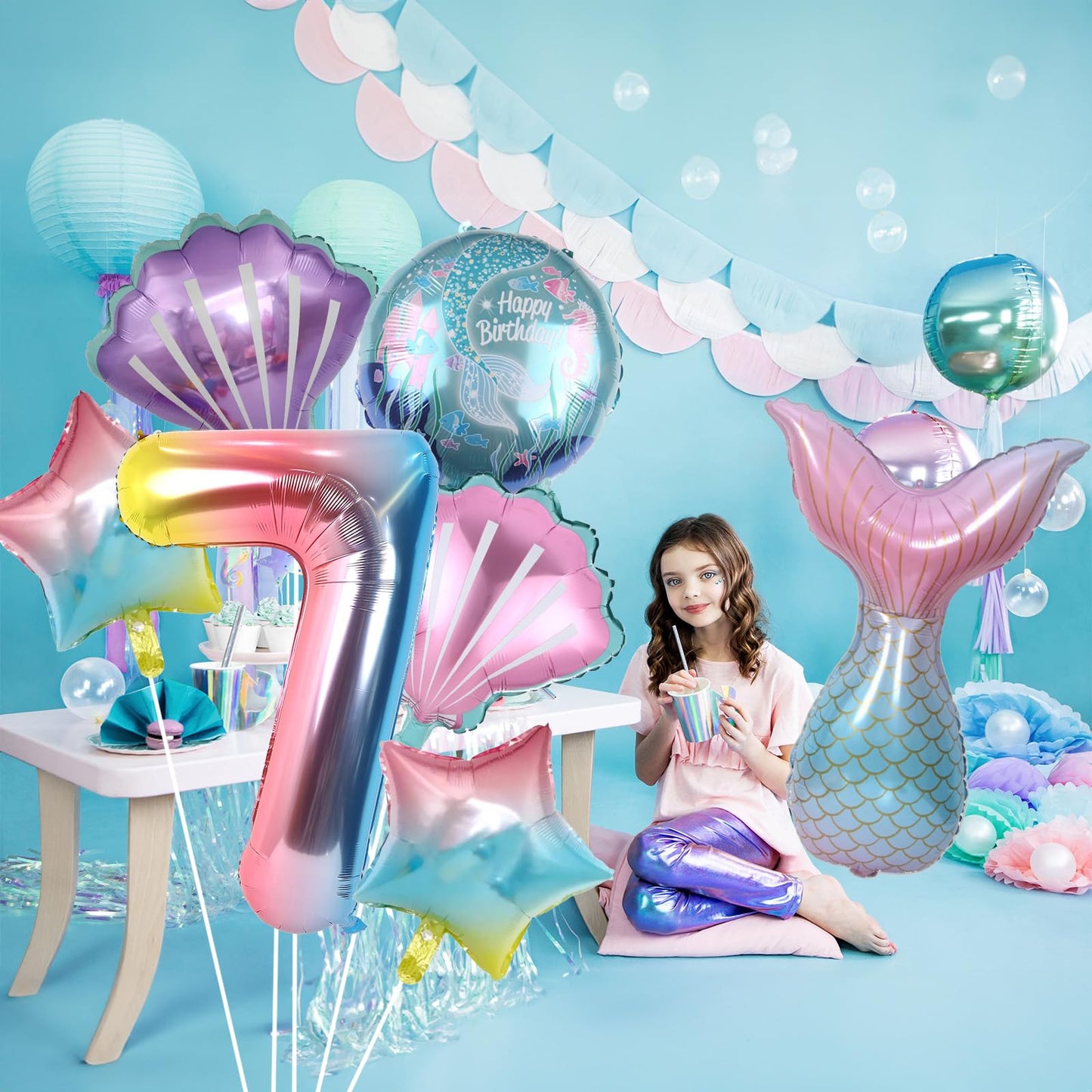 7Th Birthday Decorations - 8Pc Mermaid Balloons, 40' Rainbow 7, Helium Foil Mermaid Tail, Seashell Balloons