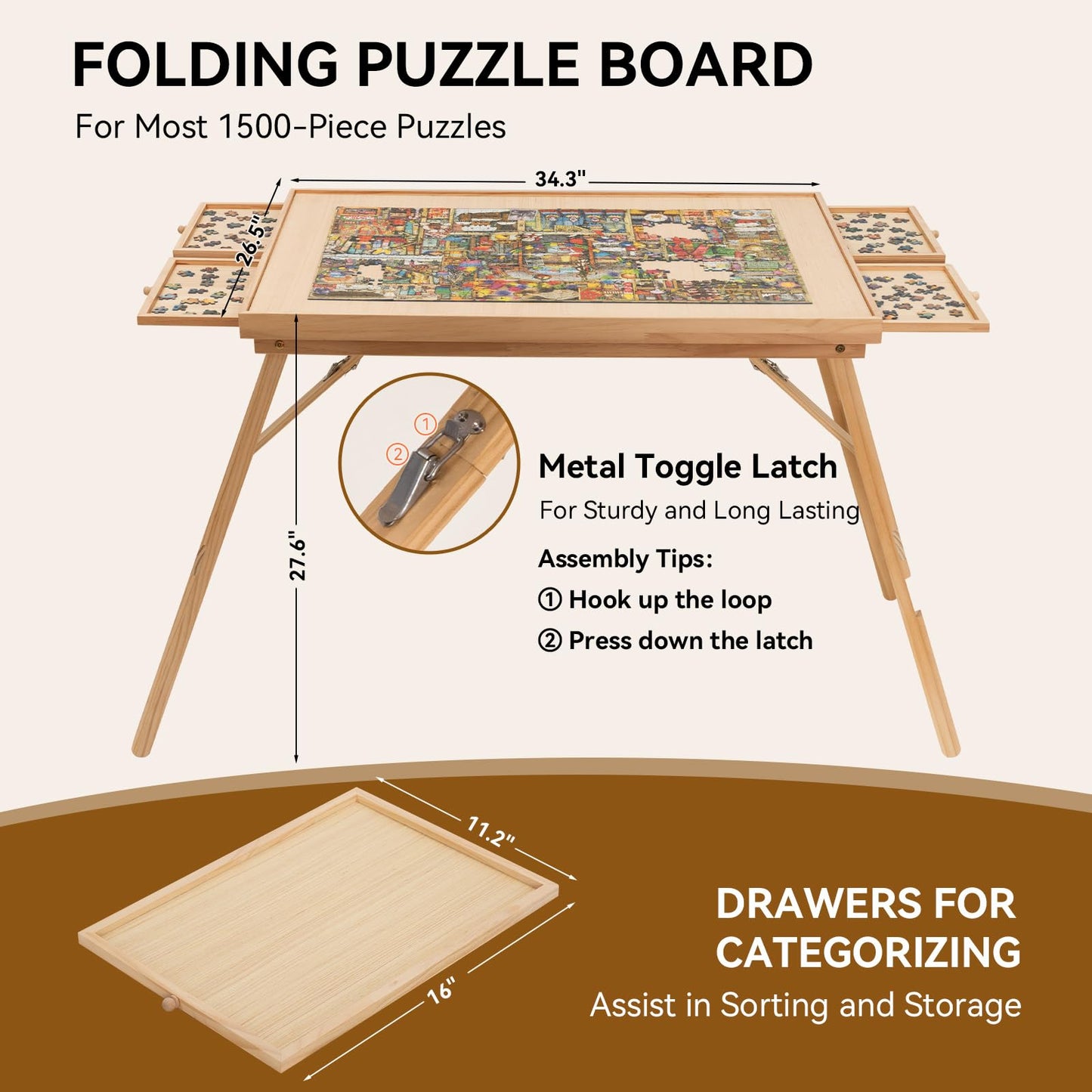TEAKMAMA 27.6" Tall Jigsaw Puzzle Table, 1500 Piece Capacity, Natural Wood, 34.1"W x 26.2"D, 4 Drawers,