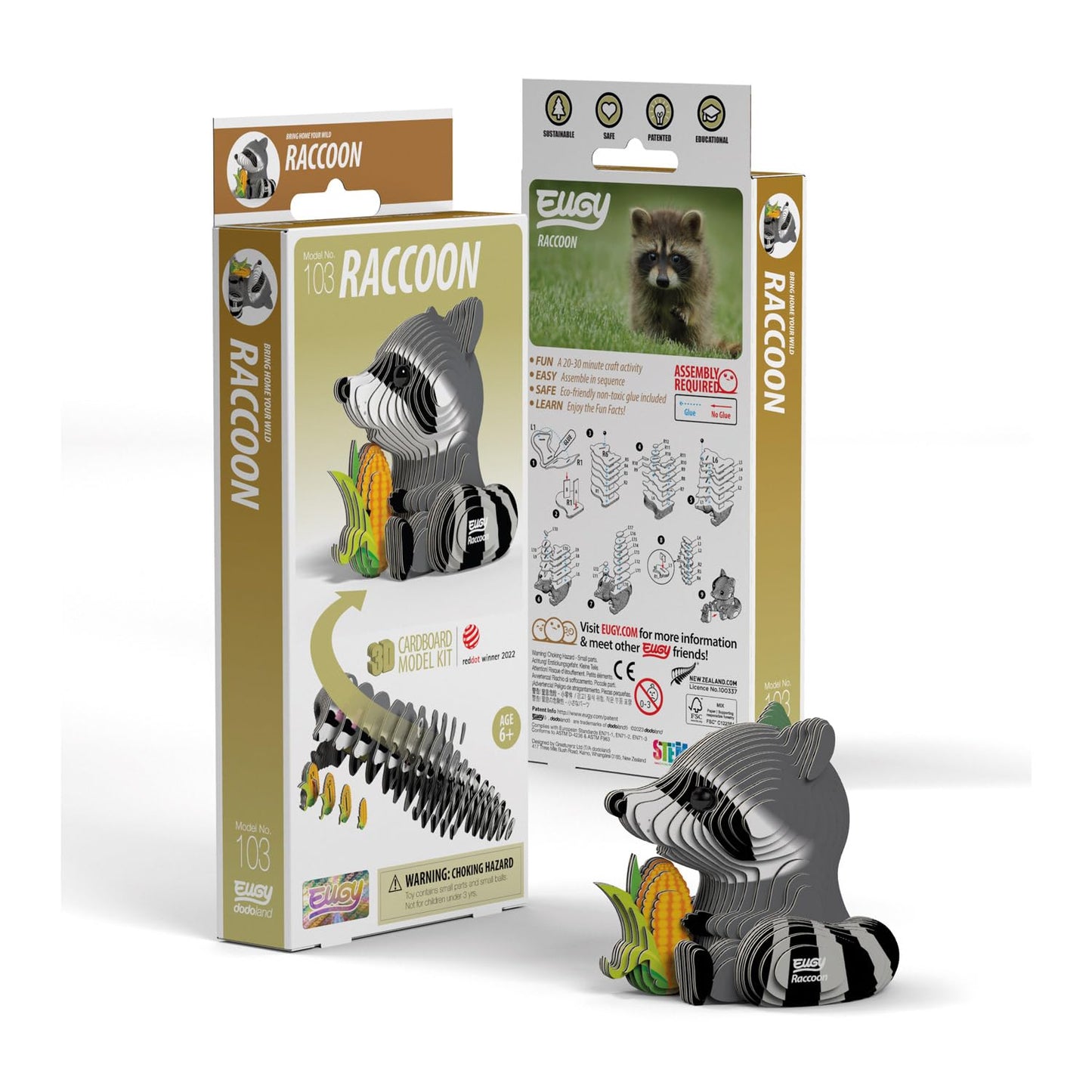 Eugy Raccoon 3D Puzzle - 46 Piece Eco-Friendly Educational Toy Puzzle For Boys, Girls & Kids Ages 6+