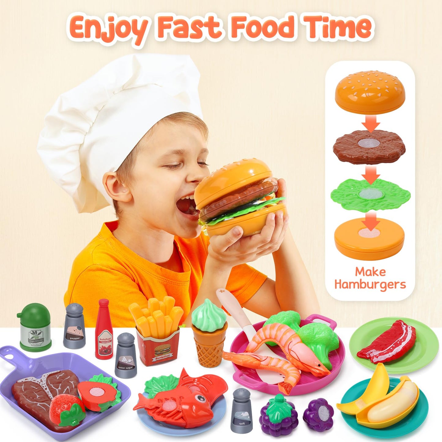 CUTE STONE Kids Play Kitchen Toy Accessories, Toddler Pretend Cooking Playset with Toys Cookware and Utensils, Toys Food for Cut