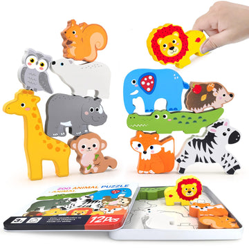 Wooden Animal Puzzles Toys For Toddlers,12Pc Safari Animal Figures,Animal Matching Sorting Stacking Toys For Boys Child Girls,Ed