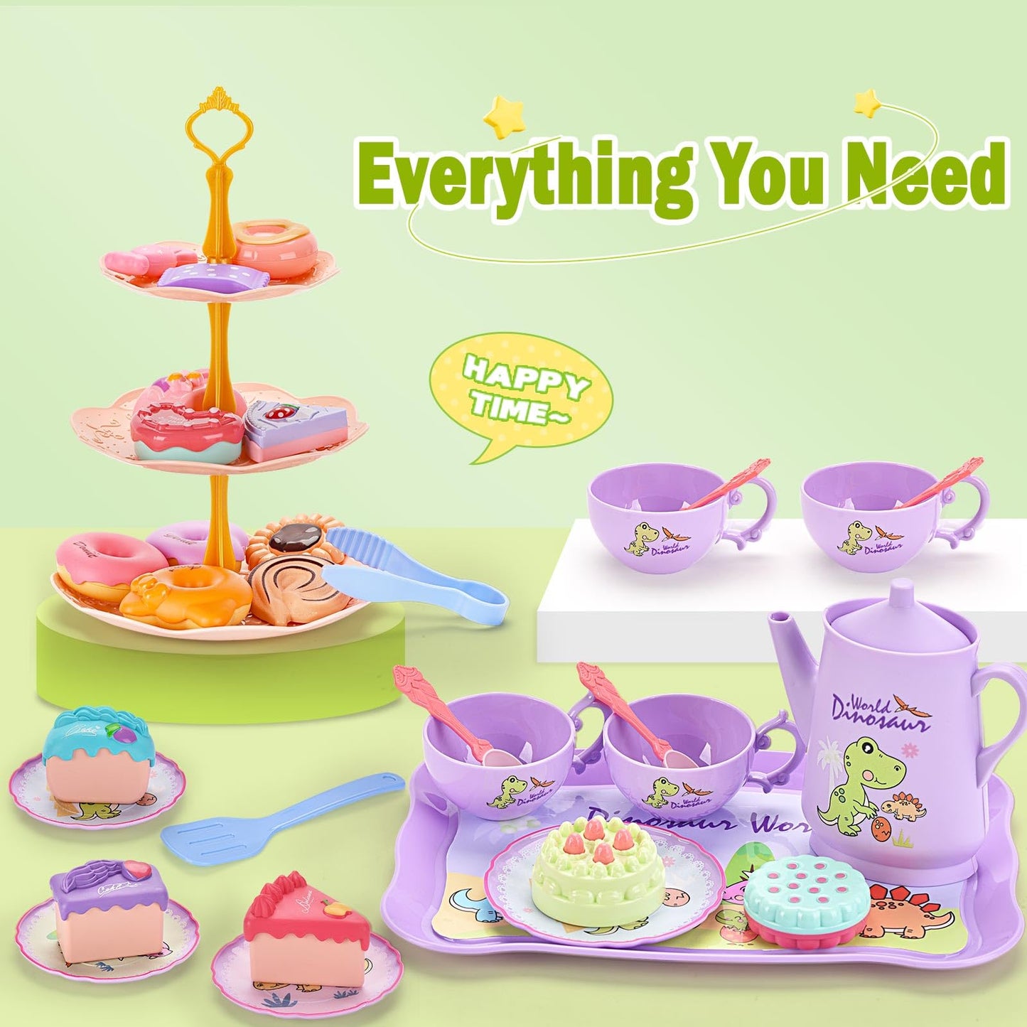 Lajeje 41Pcs Dinosaurs Tea Party Set for Little Girls, Pretend Plastic Teapot Set, Princess Tea Time Play Kitchen Toy with Desse