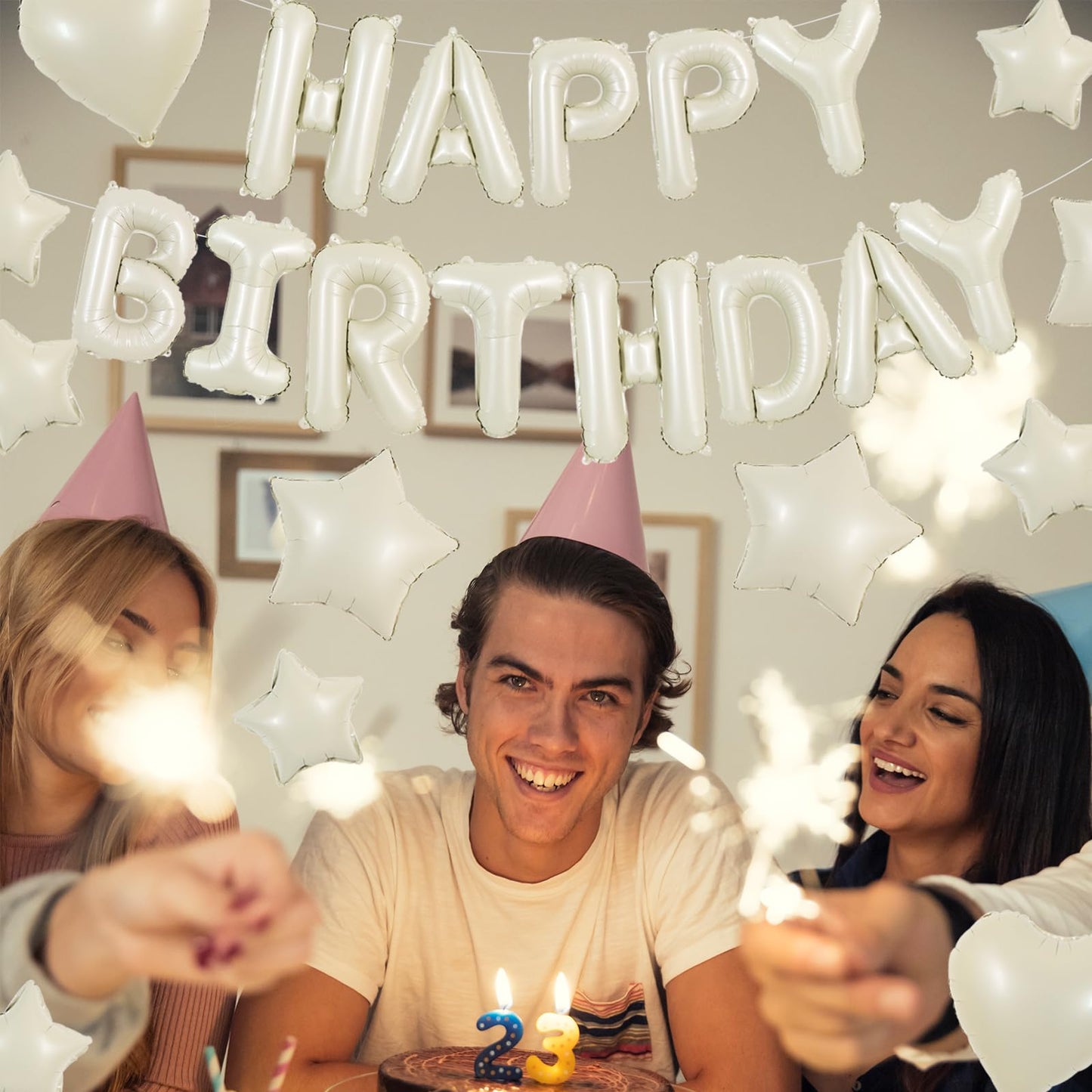 TONIFUL 31PCS Cream White Happy Birthday Decorations 16 Inch Happy Birthday Balloon Banner with Star Heart Balloons Mylar Foil B
