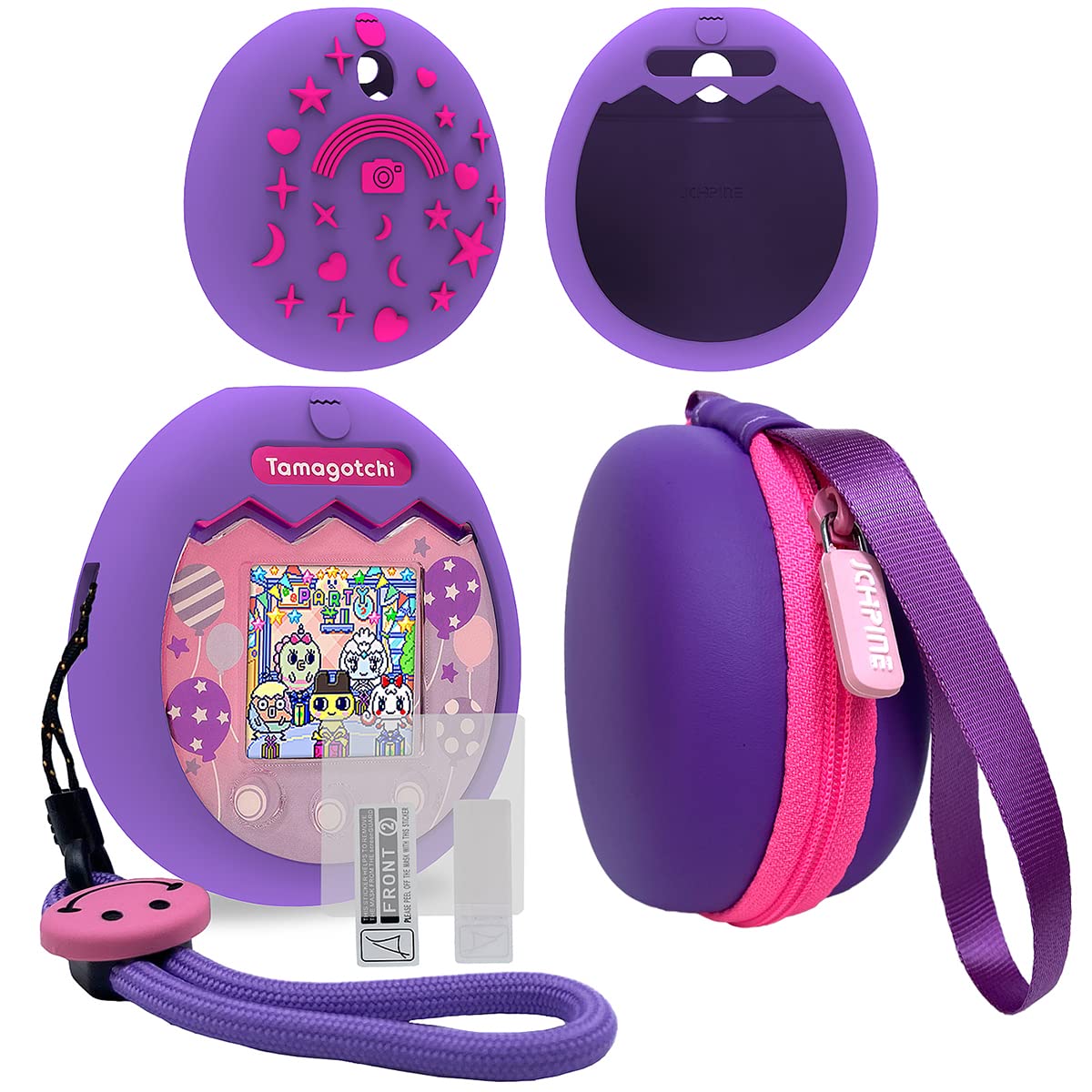 Jchpine Hard Carrying Case And Silicone Cover Compatible With Tamagotchi Pix Interactive Virtual Pet Game Machine, Screen Film Protector For Tamagotchi Pix Accessories(Purple-Pink)
