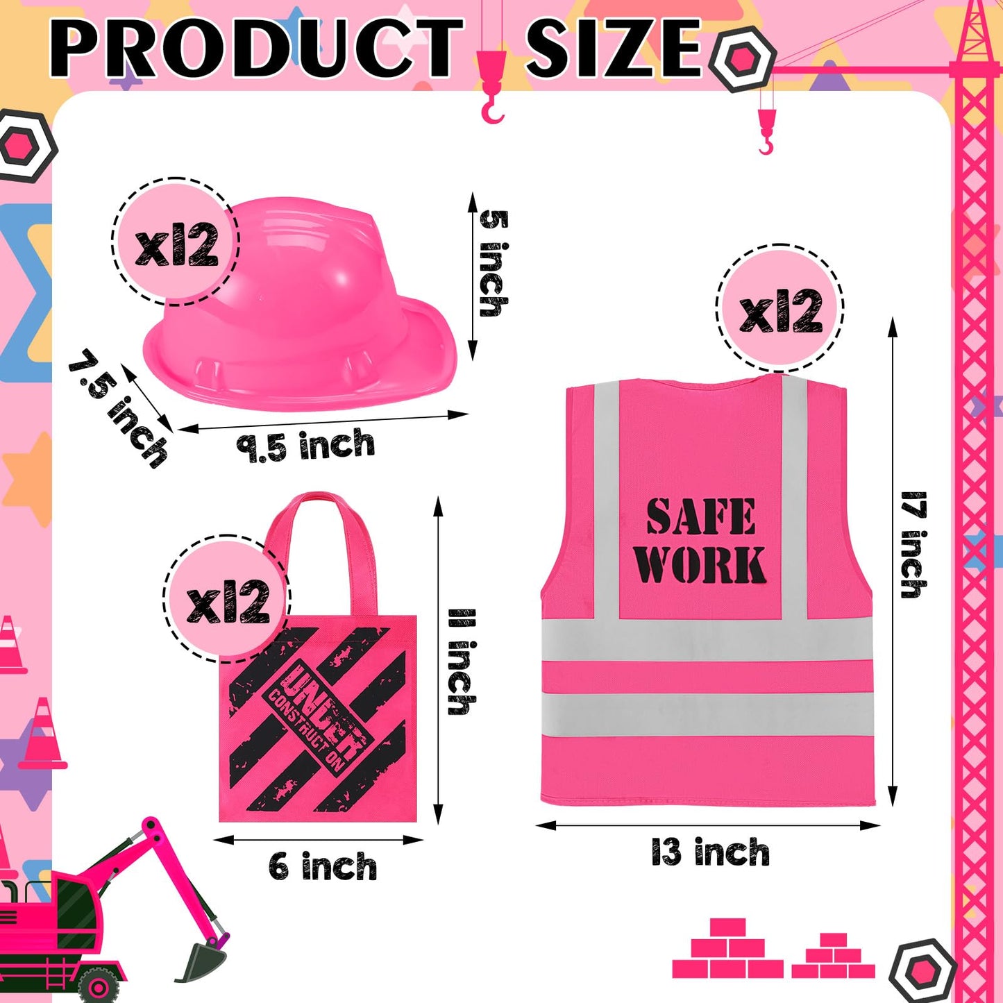 Geyoga 36 Pcs Kids Construction Worker Costume Construction Dress Up Party Favors Vests Hats Bag For Birthday Age 3-8(Pink)