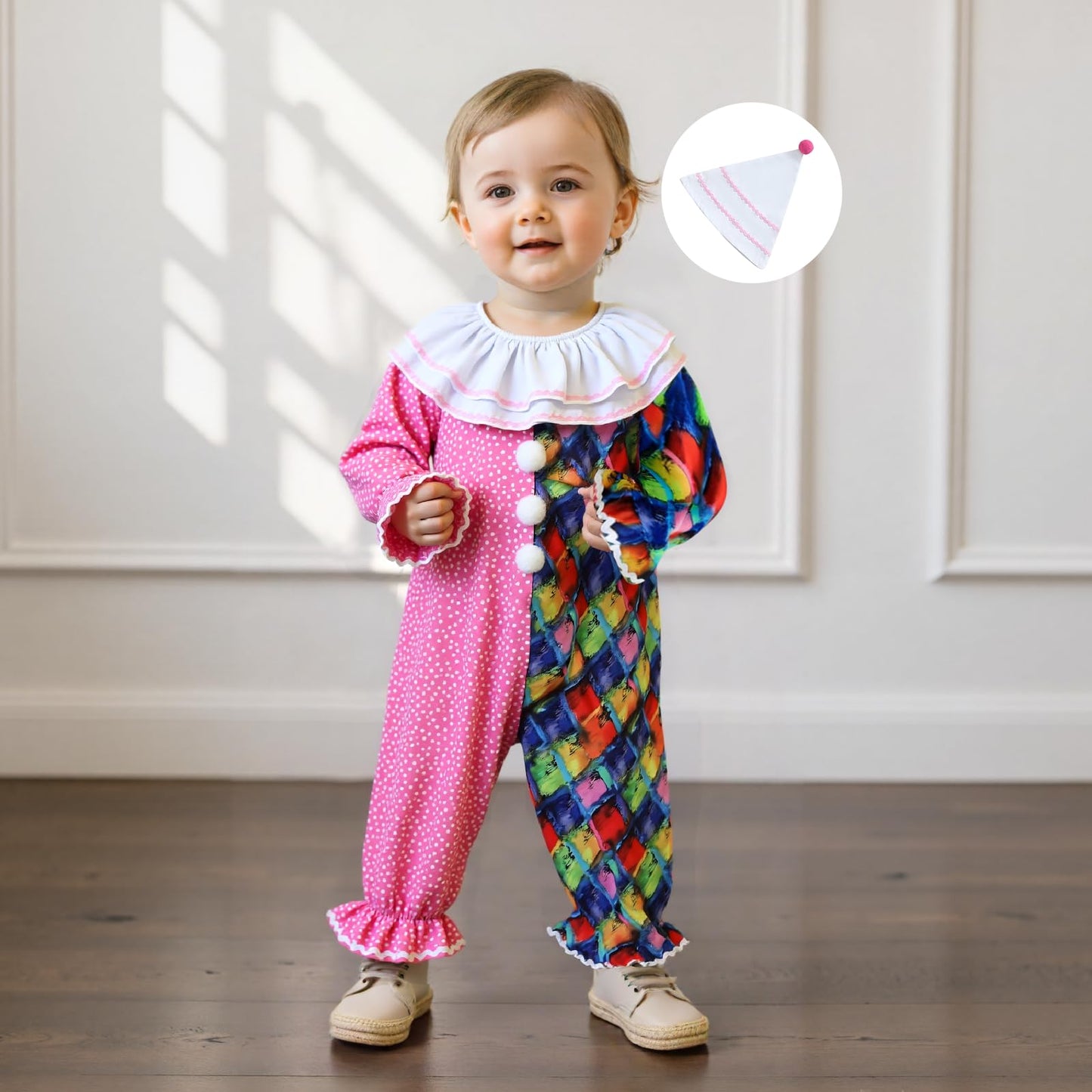 Aiwpstoin Toddler Baby Clown Costume Boy Girl Funny Halloween Outfit Contrast Color Long Sleeve Jumpsuit with Hat (Pink, 18-24 M