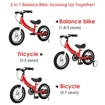 Bikeboy Balance Bike 2 in 1 for Kids, 14 Inch, Metal, Red, Model 2023-001, Suitable for Ages 2-7 with Training Theory and Brake