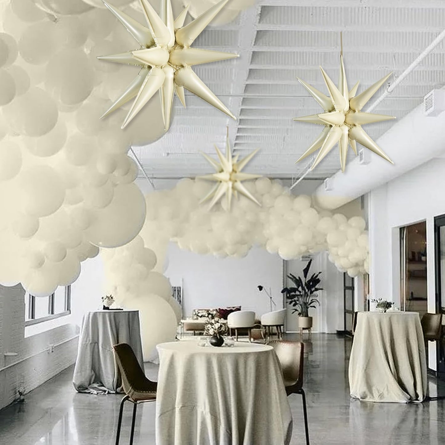 Toniful 4 Pcs 22Inch 4D Cream White Explosion Star Mylar Balloons 14Point Star Balloons For Party Backdrop Christmas,New Year Bi