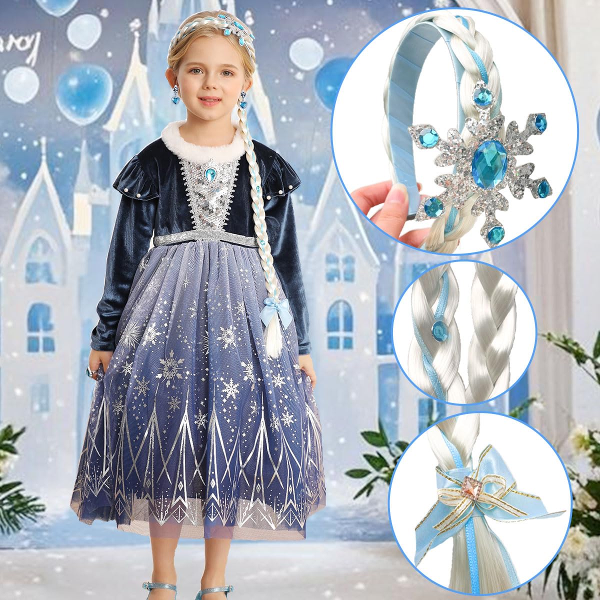 Itvti Girls Princess Elsa Dress Up Costume Snow Queen Halloween Christmas Cosplay Party Toddler Dress Blue, 6-7 Years(Label 140)
