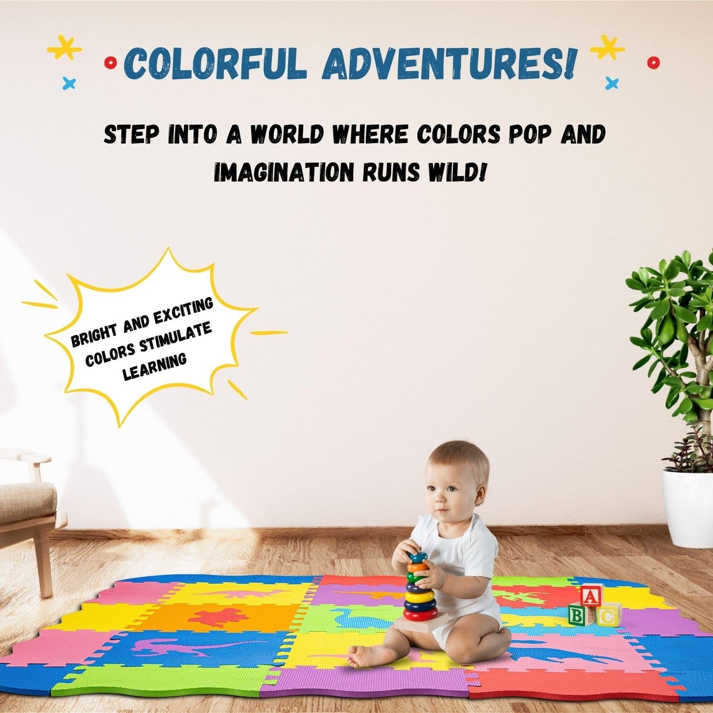 Toyvelt Baby Play Mats For Floor 48''X48'' Foam Rugs For Babies, Extra Large Baby Play Mats Comes With 9 Dinosaur Shapes, Dinosa