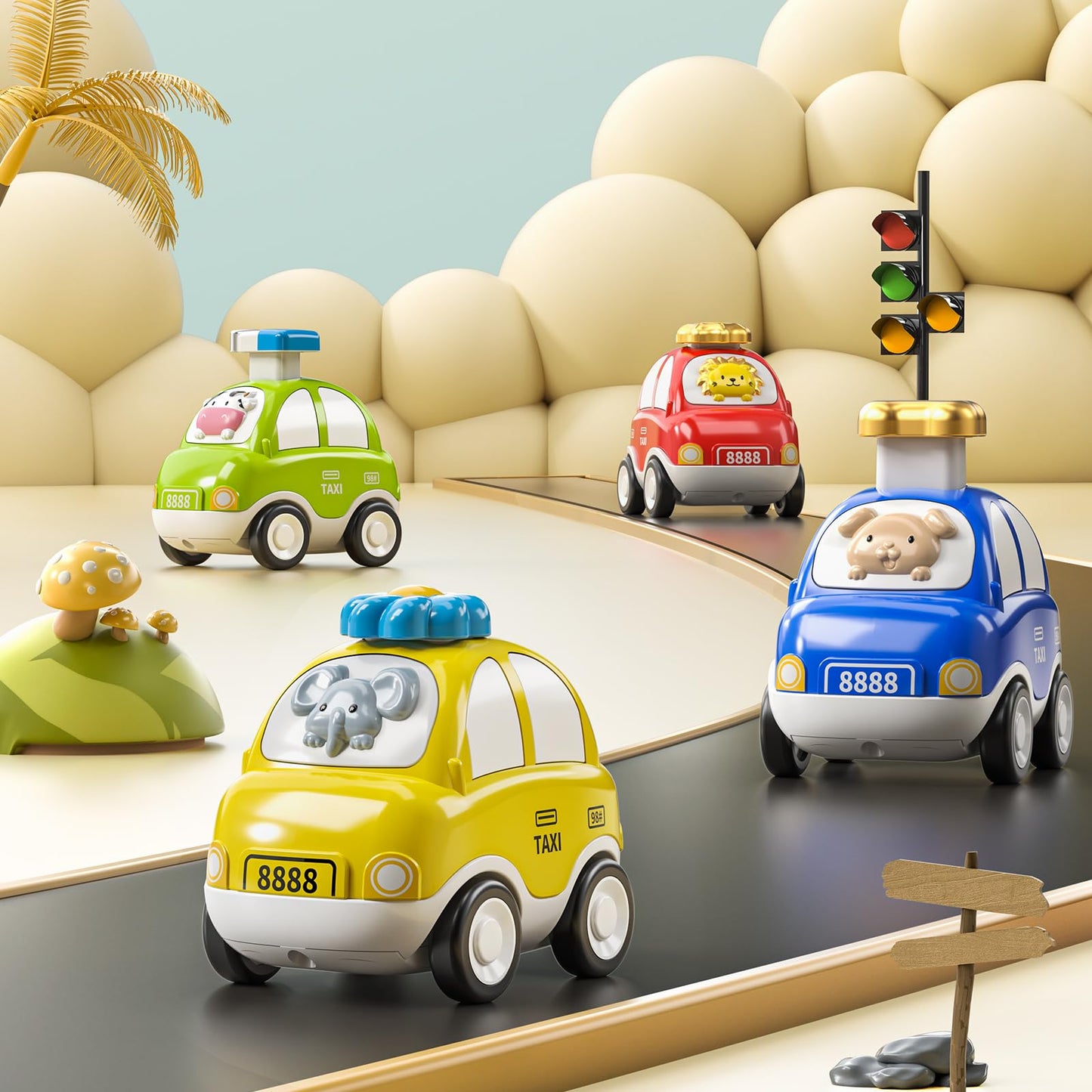 TEMI 4PCS Inertia Animal Car Toys with Play Mat/Storage Bag for Toddlers Toy Age 1-3, Baby Toys 1 2 3 Years Old Boys Birthday Ne