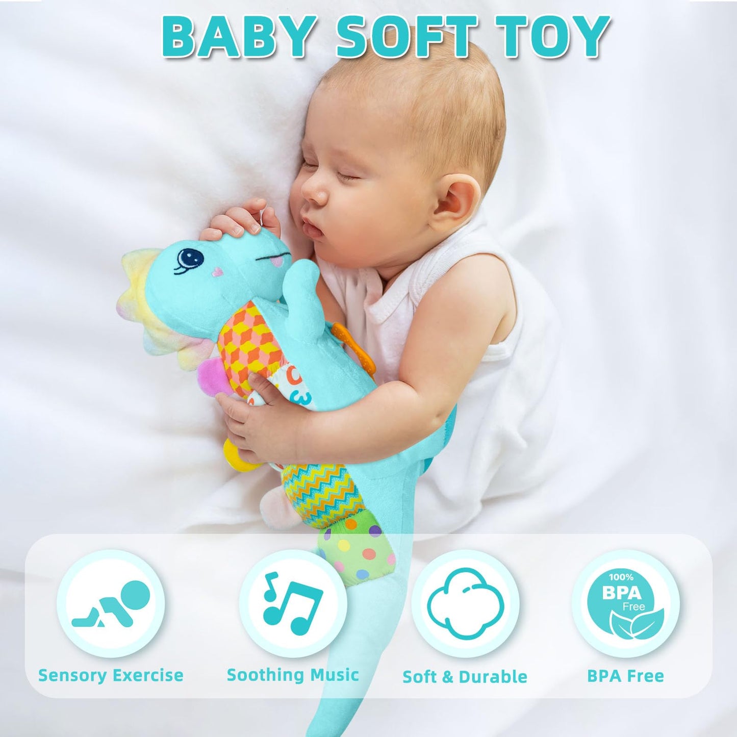 Baby Dino Musical Stuffed Animal Toys For 0-3-6-9-12 Months,Infant Dinosaur Tummy Time Toys With Crinkle Sound Paper,Teether,Tex