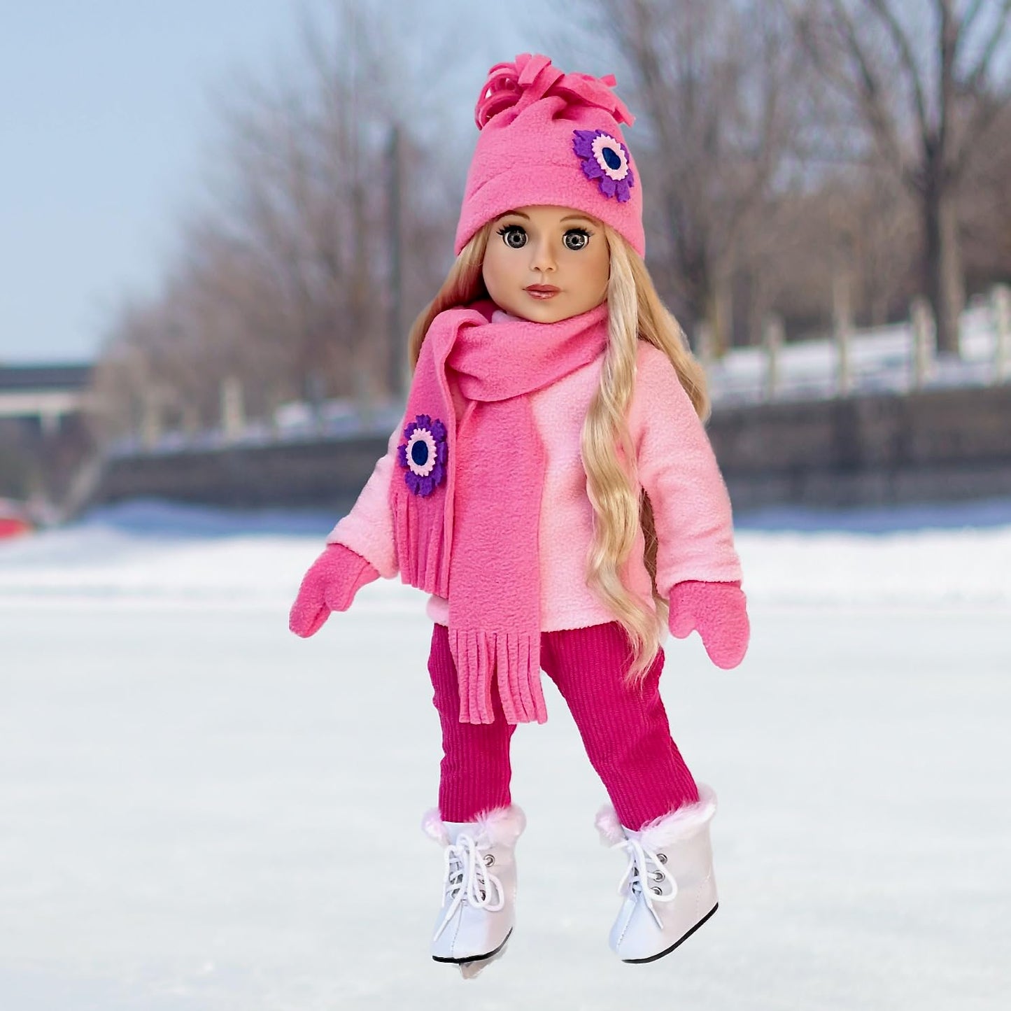 - Ice Skating Fun - 6 Piece Outfit Fits 18 Inch Doll - Pink Fleece Blouse With Stretchy Leggings, Hat, Scarf, Mittens And White Ice Skates - (Doll Not Included)
