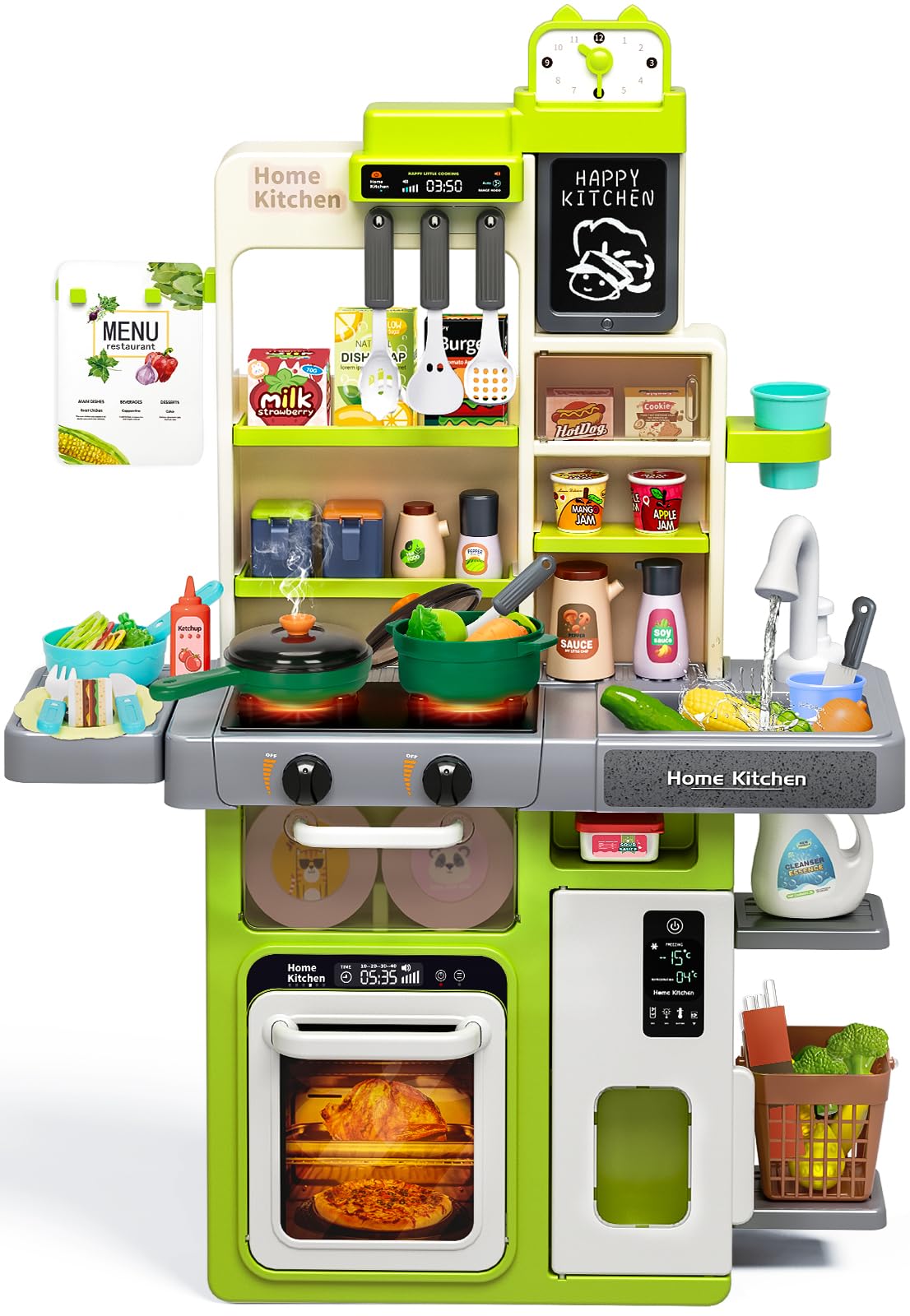 Red Kids Play Kitchen Set, Toddler Kitchen Playset With Sound & Light, Cooking Stove With Steam, Play Sink, Play Food Toy And Ki
