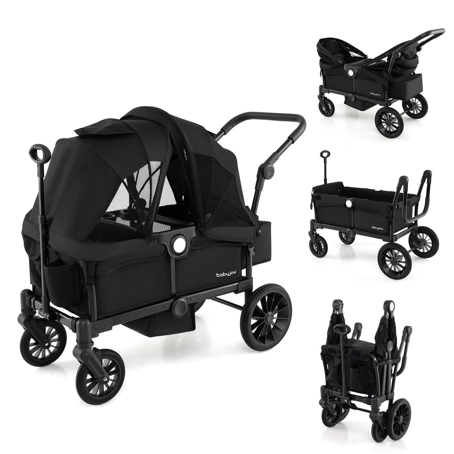 Baby Joy Wagon Stroller For 2 Kids, Collapsible Push Pull Double Stroller Wagon With Adjustable Handle Bar, Removable Canopy, Sa