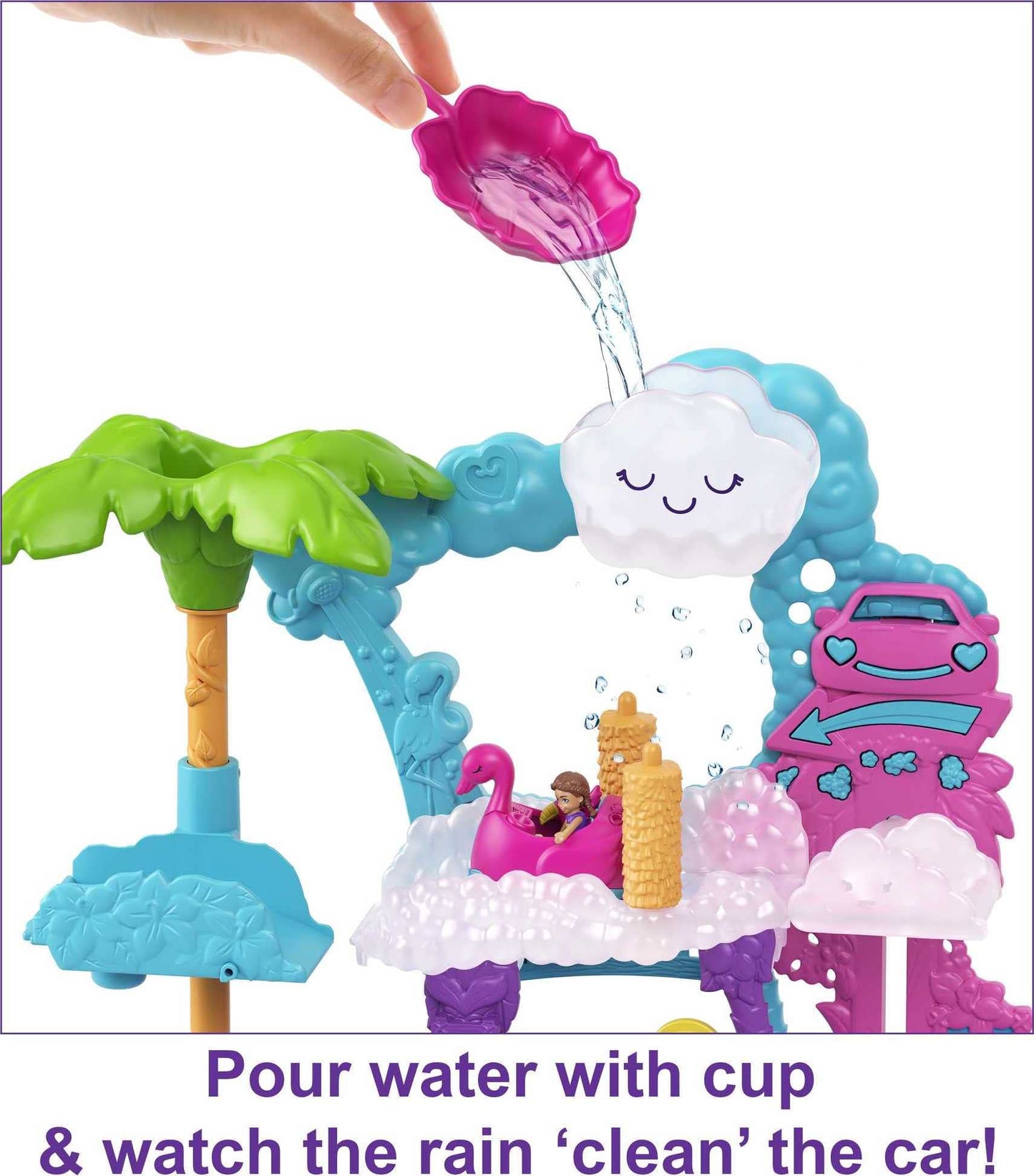 Polly Pocket Playset - Pollyville Flamingo Fun Car Wash with 2 Micro Dolls, Water Play Accessories, Multicolor, Model HHJ05