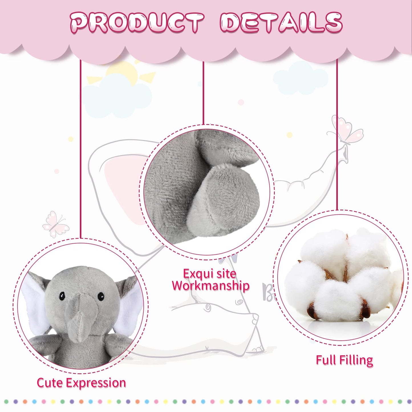 Skylety 4 Pcs Mini Elephant Stuffed Animals Small Cute Elephant Plush Toys Soft Tiny Forest Animals For Baby Shower Boy Girl Gen