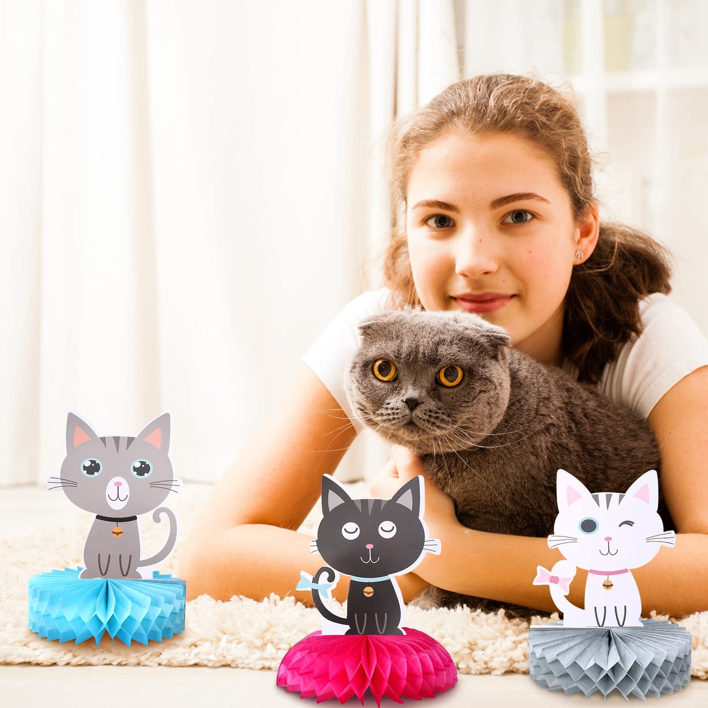 Chinco 9 Pcs Cat Party Centerpieces for Tables Cat Birthday Party Decorations Honeycomb Cat Party Supplies Cat Party Favor Table