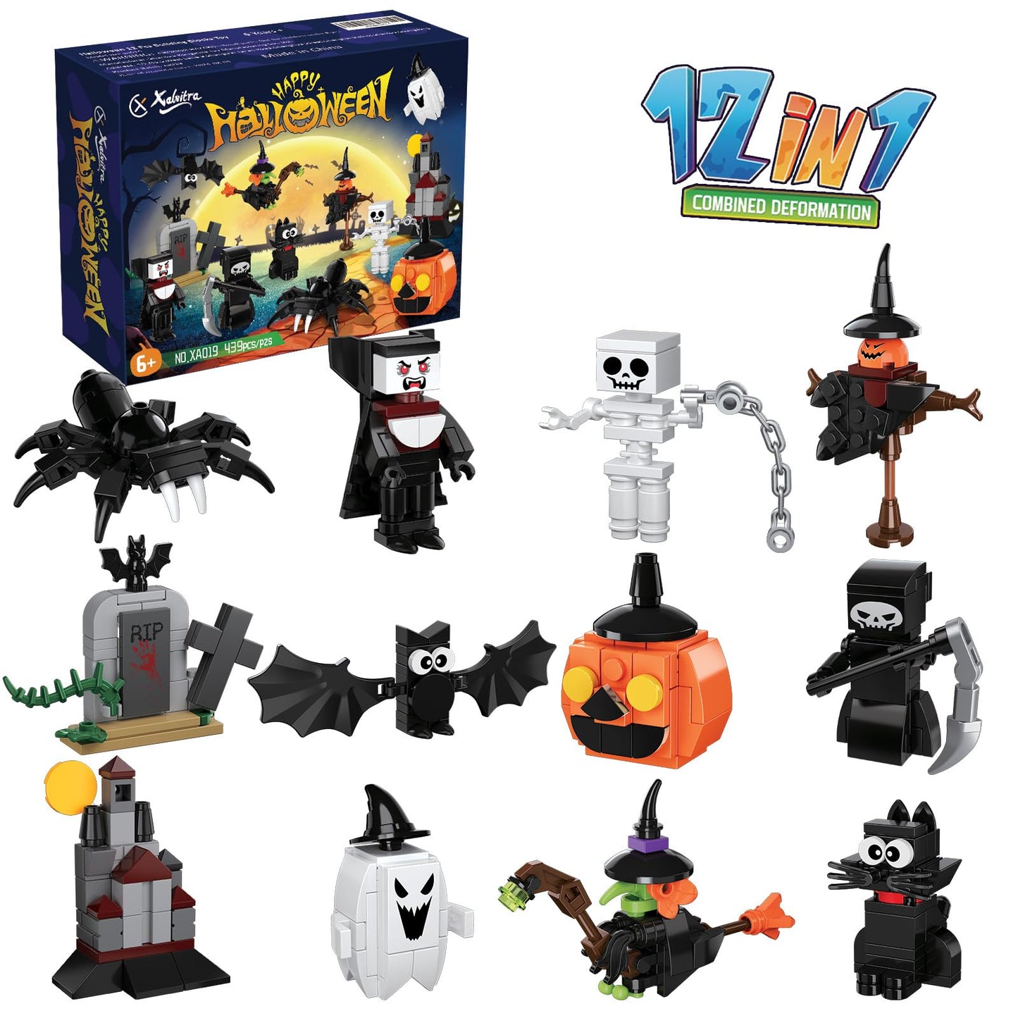 Halloween Party Favors Toys For Kids, Halloween 12 Pieces Building Blocks Toy Gift With Ghost Witch Cat Pumpkin Haunted Mini Cut
