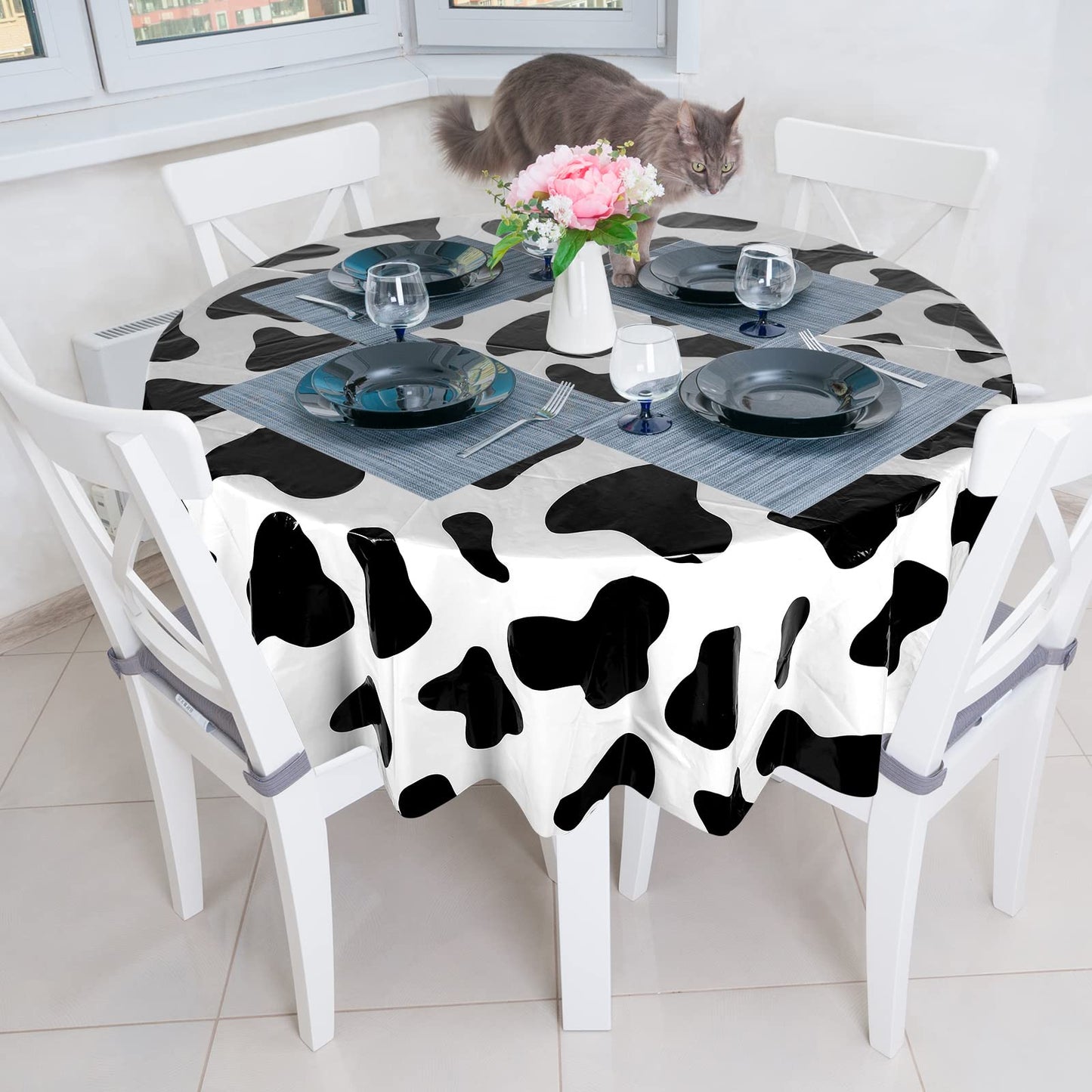 Remagr 3 Pcs Cow Tablecloth Round Print Table Cloths Plastic,84 Disposable Cow Themed Table Cover for Farm Animal Birthday P