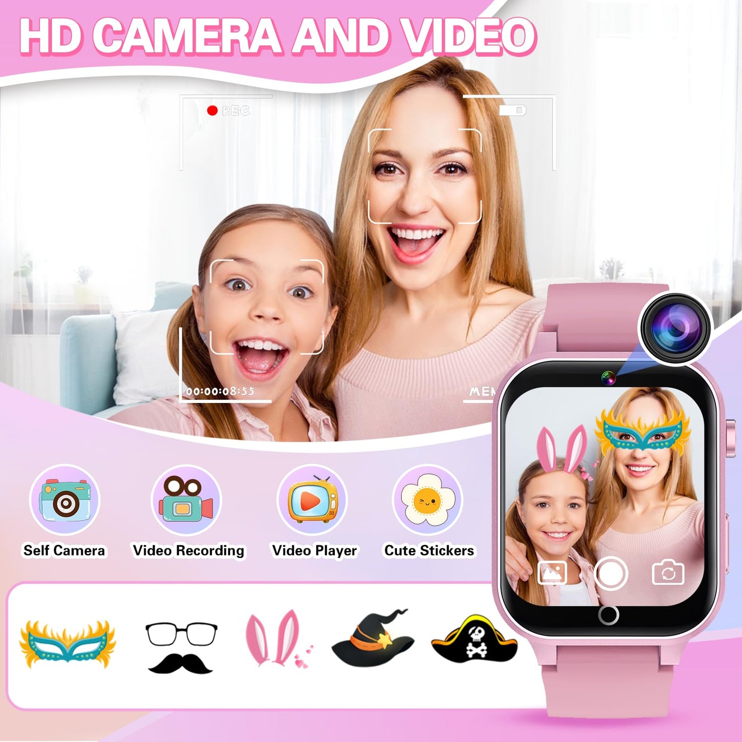 Vakzovy Kids Smart Watch for Girls 6-12, Pink HD Touchscreen, 26 Games, Video Camera, Music, Pedometer - Educational Birthday Gift