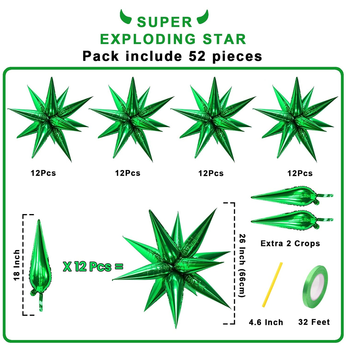 Funtoob Green Star Balloons Metallic Star Foil Balloons Birthday Balloons Green Star Cone Balloons Starburst Balloon Spike Ballo