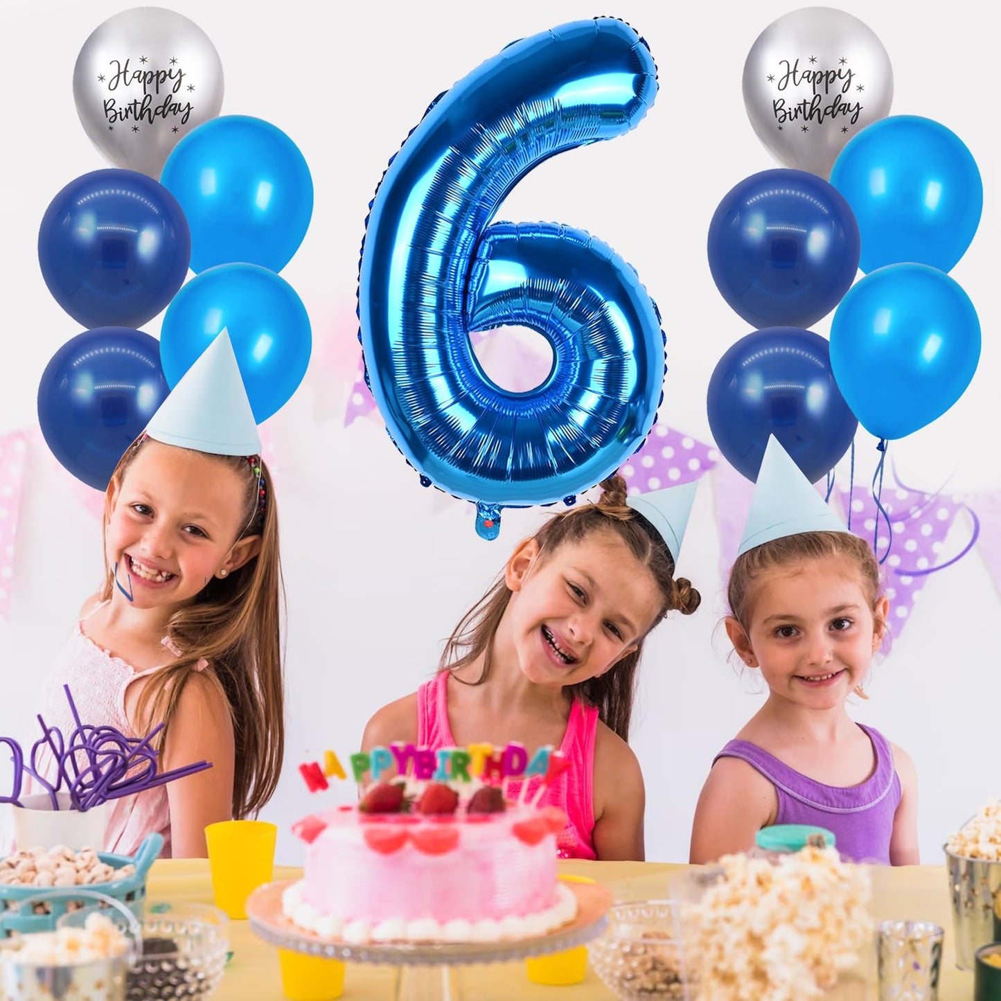 40 Inch Blue Number 6 Balloon, 6Th Birthday Balloons, 11Pcs Silver Birthday Print Balloons Dark Light Blue Latex Balloons 6 Foil