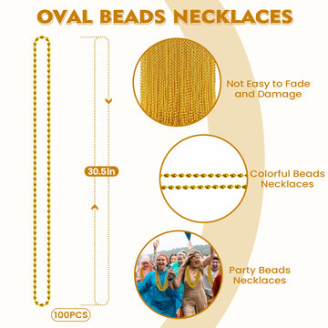 100 PCS Gold Bead Necklace, Gold Mardi Gras Christmas Oval Beads Necklaces 30.5'' Metallic Beaded Costume Necklaces Party Neckla