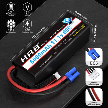 HRB 3S 6000mAh Lipo Battery with EC5 Connector 11.1V 60C Hard Case RC Lipo Battery Compatible with RC Car RC Airplane RC Truck R