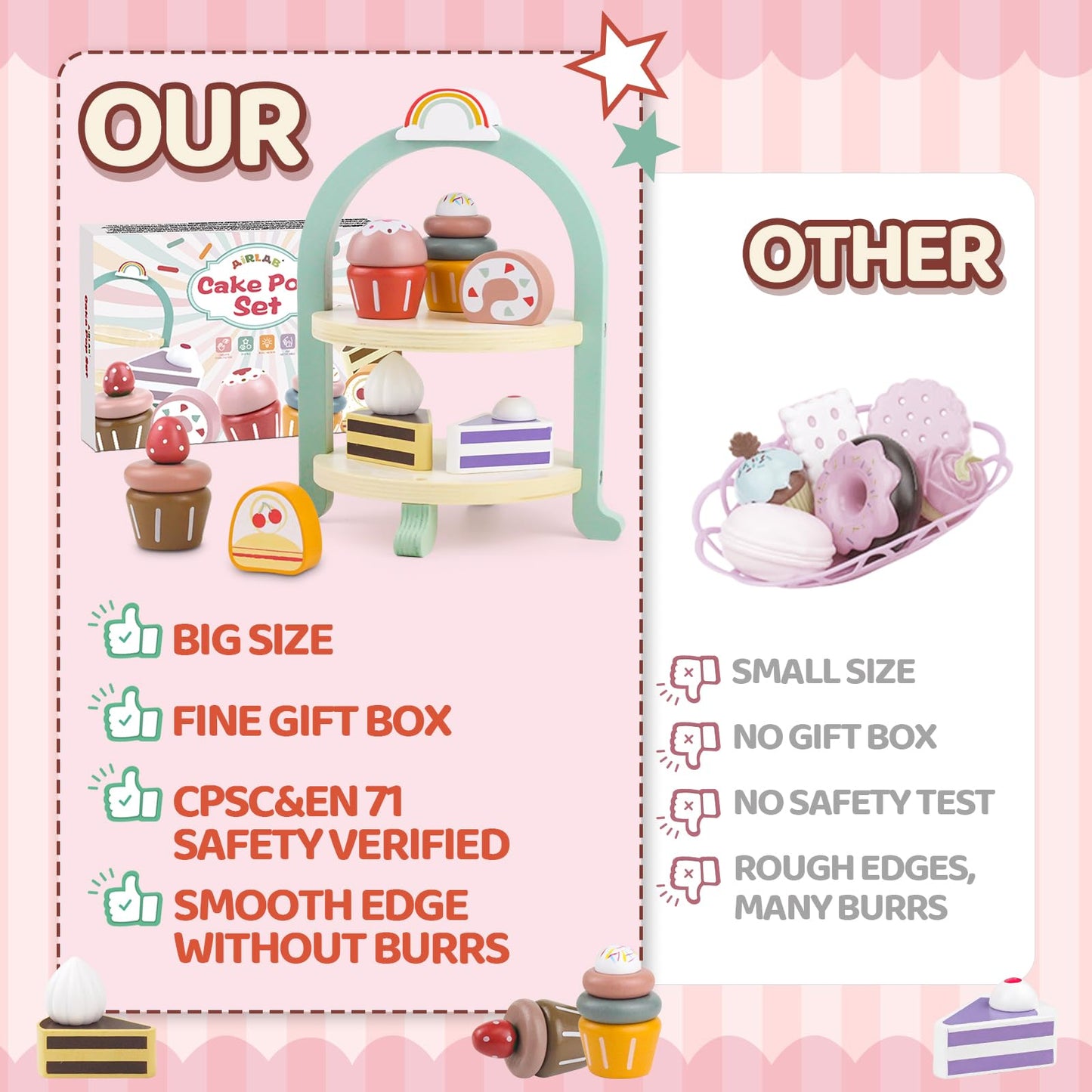 Wooden Cake Toys Tea Party Set, Desserts Food Toy with Cupcake Stand, Kids Pretend Play Kitchen Accessories, Wooden Play Food Se