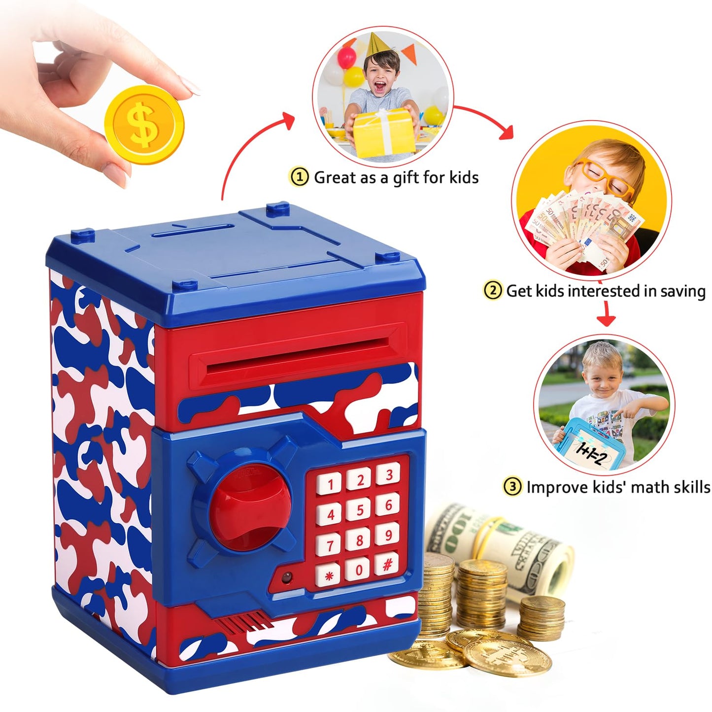 Atm Piggy Bank For Boys Girls, Vcertcpl Mini Atm Coin Bank Money Saving Box With Password, Kids Safe Money Jar For Adults With Auto Grab Bill Slot, Great Gift Toy Bank For Kids (Camouflage Red Blue)