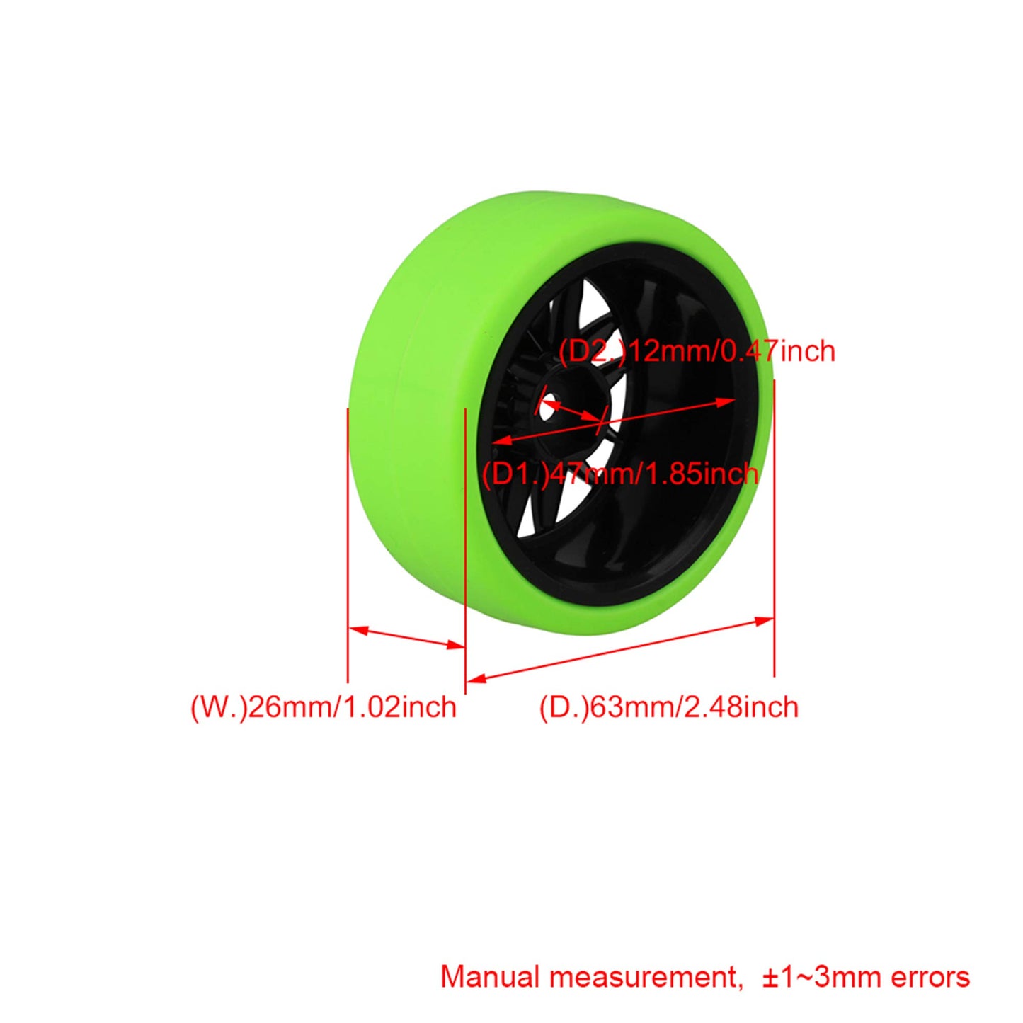 Mxfans Black Plastic 14 Spoke Wheel Rims and Green Drift Smooth Tyres for RC 1:10 On Road Racing Car Set of 4
