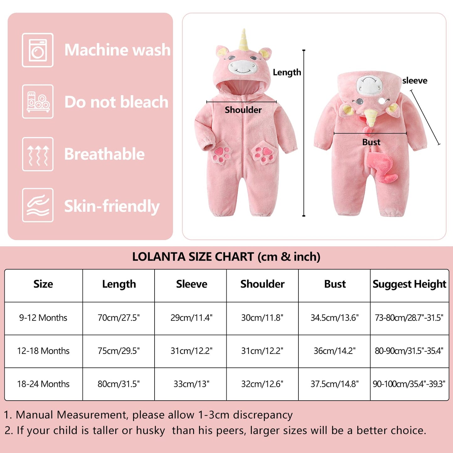 Lolanta Baby Girls Unicorn Costume, Infant Romper, Toddlers Fleece Hooded Jumpsuit, Cute Pink Bodysuit (Pink, 18-24 Months)