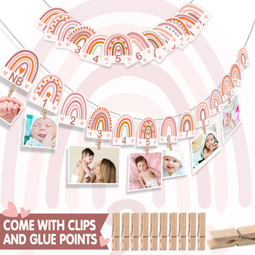 Laumoi 13 Pcs Rainbow First Birthday Photo Supplies Rainbow Baby Monthly Milestone Photo Banner Pink Garland from Newborn to 12