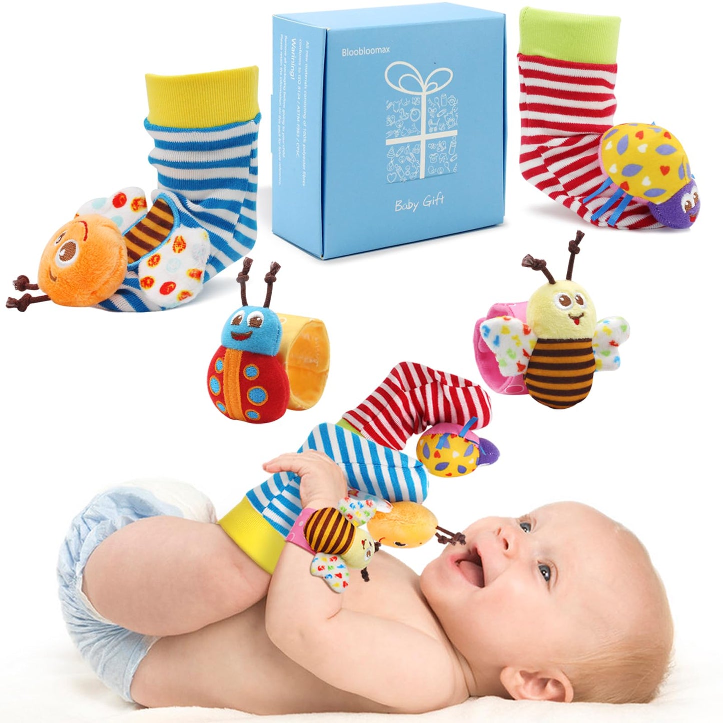 Bloobloomax Baby Rattles Toys For 0-12 Month, Infant Girl Boy Toys For Babies 3-6 Months, Newborn Hand & Foot Toys For 0 To 9 Months, Baby Shower Gifts Set With Wrist Rattle Socks (Light Blue)