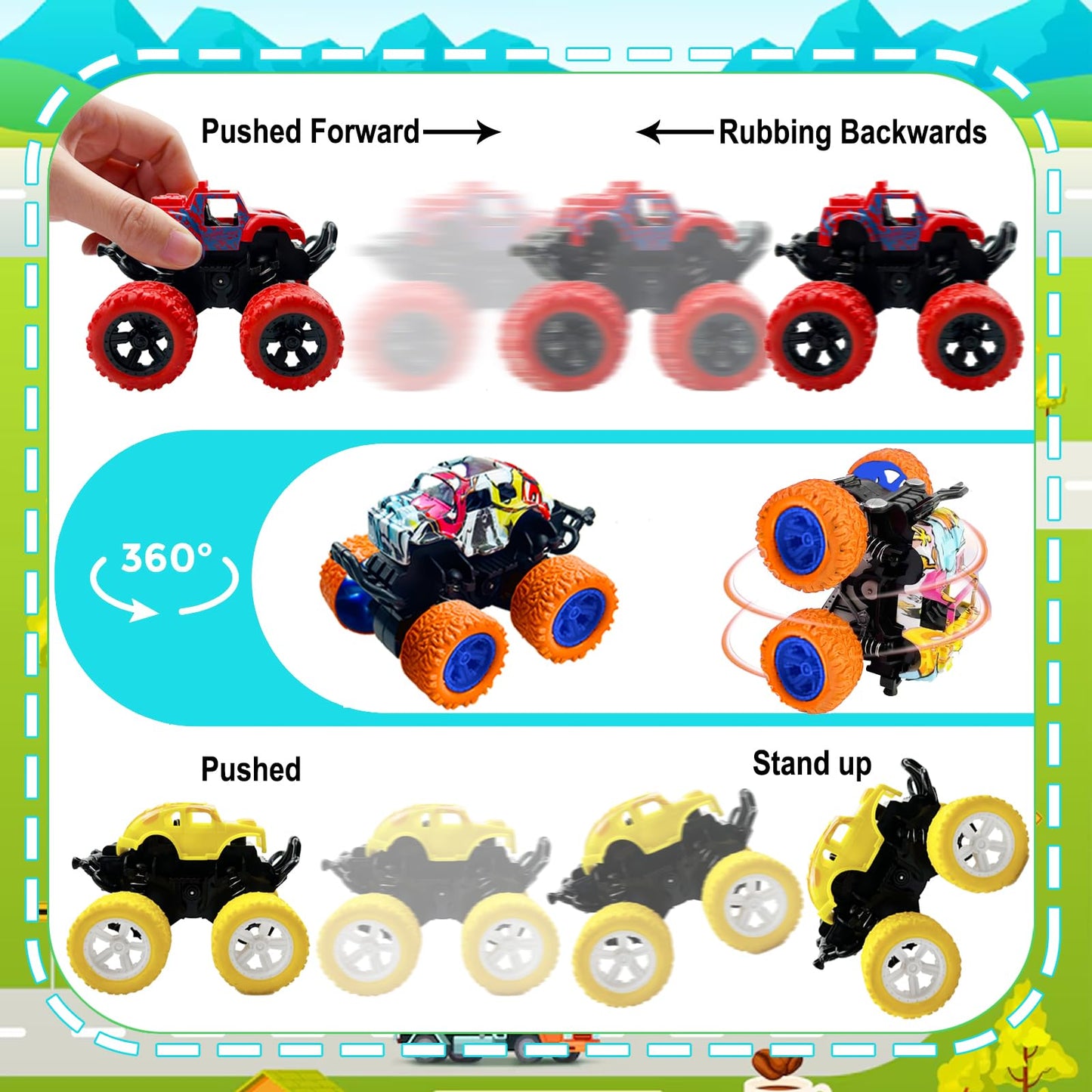 TGIQROVE Monster Trucks Toys, 24Pcs Friction Powered Mini Push and Go Car Toys, Double-Directions Inertia Vehicle Set, Pull Back