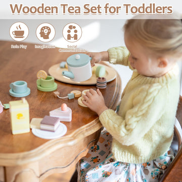 Smartwo Wooden Tea Party Set for Little Girls, 30 PCS Wooden Tea Set for Toddlers 3-5, Pretend Play Kids Wood Tea Set Toy, Play