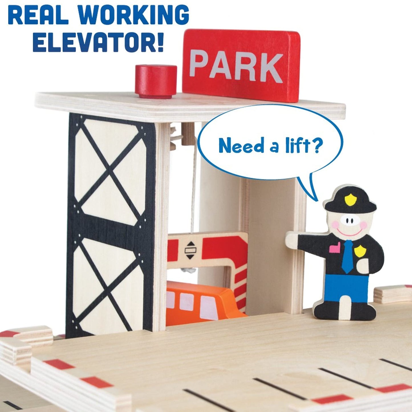 Imagination Generation Wooden Parking Garage Playset with Elevator & Accessories, 19 pcs, TSTR-002, Ideal for Mini Toy Cars