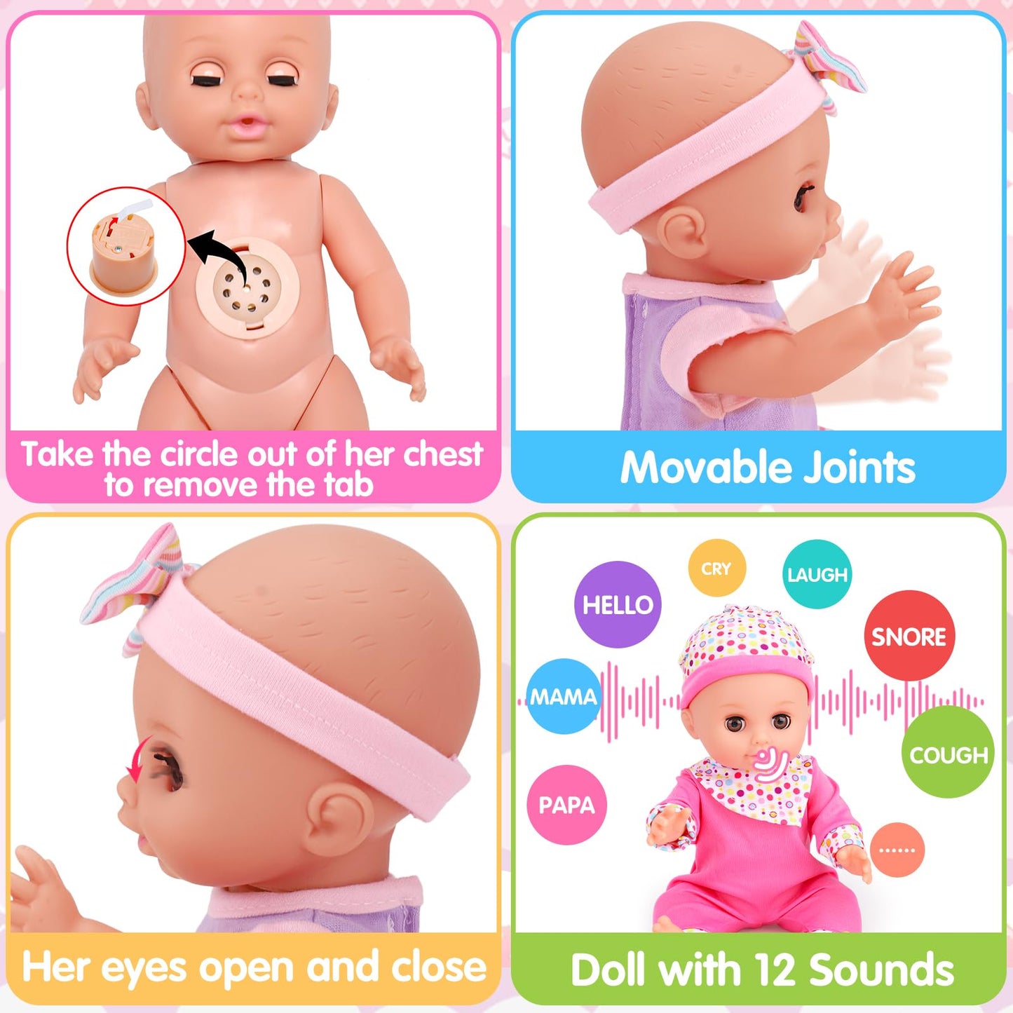 Tsomtto 12” Baby Doll Play Set Carrier - Pink Diaper Bag for Girls, Interactive Pretend Play Toy & Accessories for Toddlers 3-5 Years