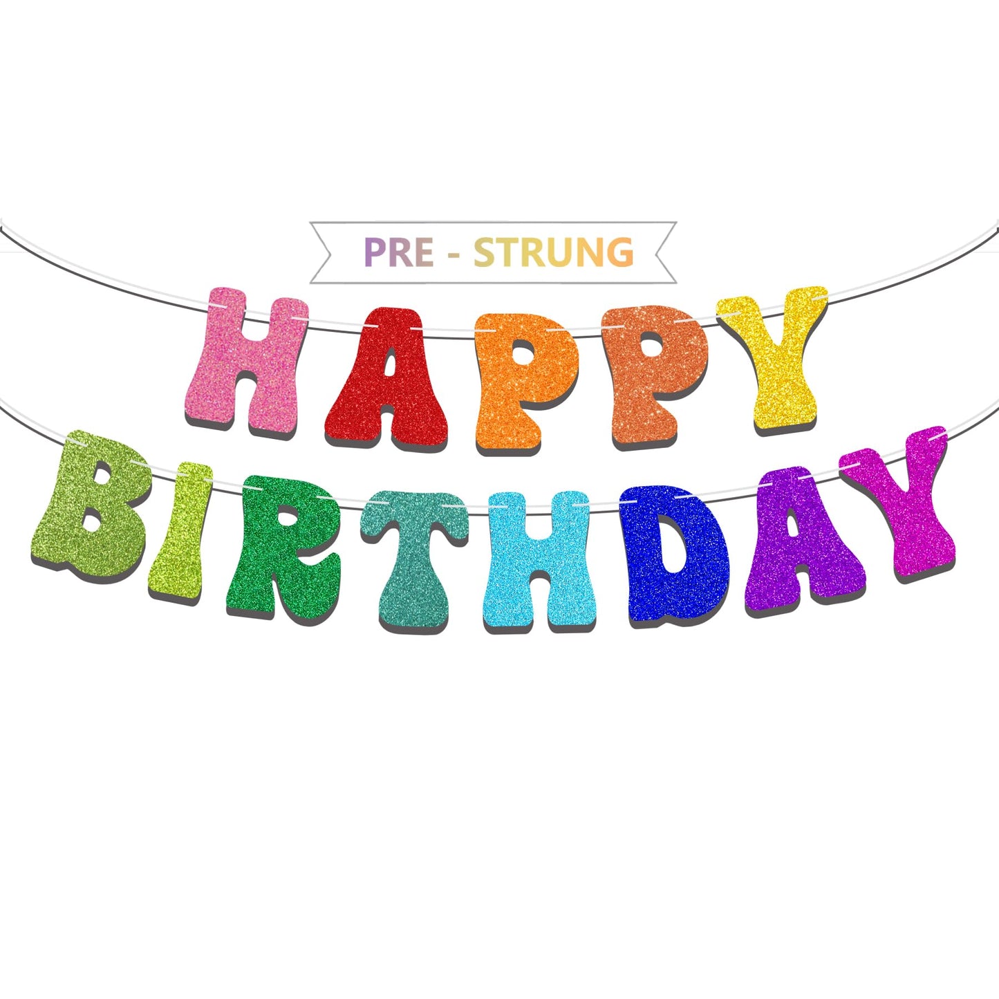 Pre-Strung Rainbow Happy Birthday Banner - No Diy - Colorful Rainbow Birthday Party Banner Decorations, Colorful Glitter Birthda