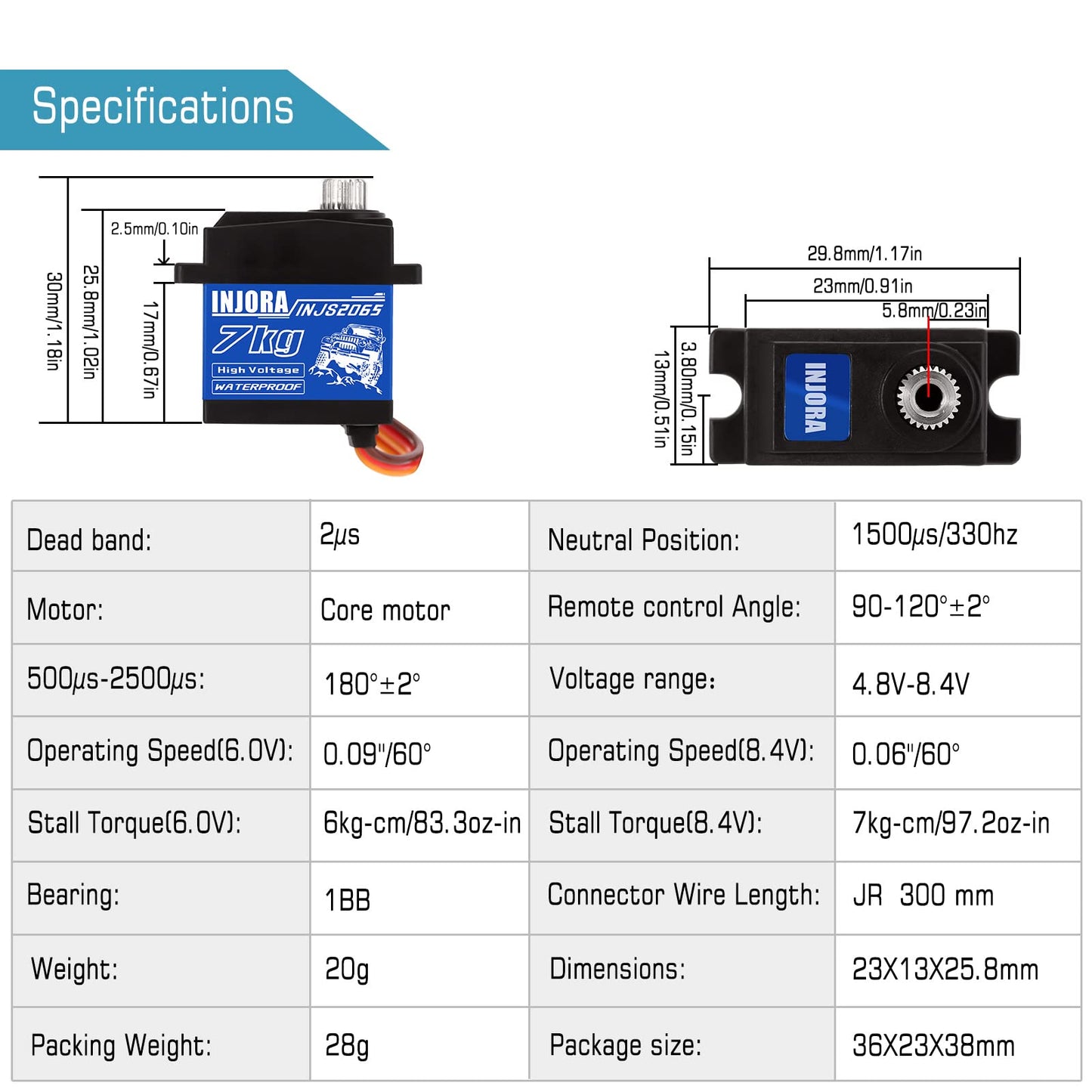INJORA 7KG 2065 Digital Servo Waterproof High Voltage Sub-Micro Shift Servo for TRX4 TRX6 SCX10 III 1/10 RC Crawler Car,1PCS