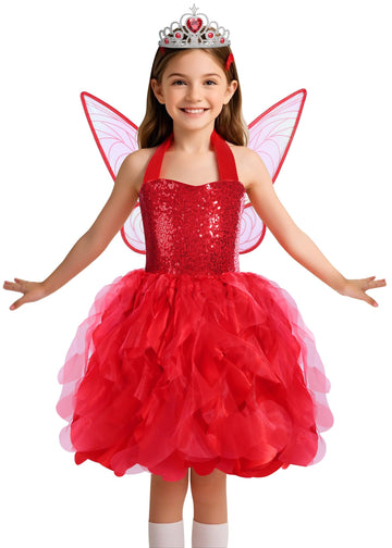 Soyoekbt Fairy Costume For Girls Princess Tutu Dress With Butterfly Wings For Girls Birthday Party Dress Up (Red, 7-8 Years)