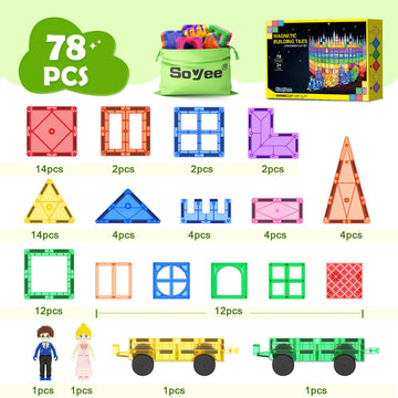 Soyee Magnetic Tiles With 2 Cars Kids Gifts Boys Toys For 3 Year Old Boys Educational Toys For Toddlers Kids Age 3-5 4-8 Car Train Building Toys