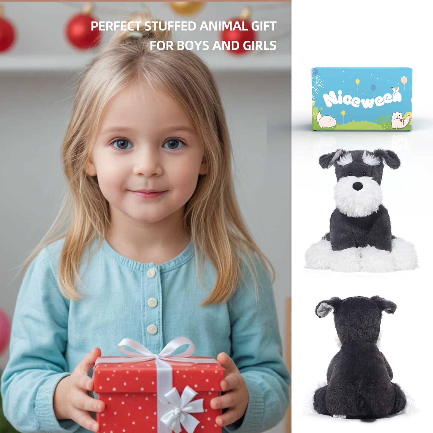 Niceween Stuffed Animals Schnauzer Puppy Plush Toys 11 Inches Soft And Comfort Dog Plushie For Boys And Girls, Grey/White