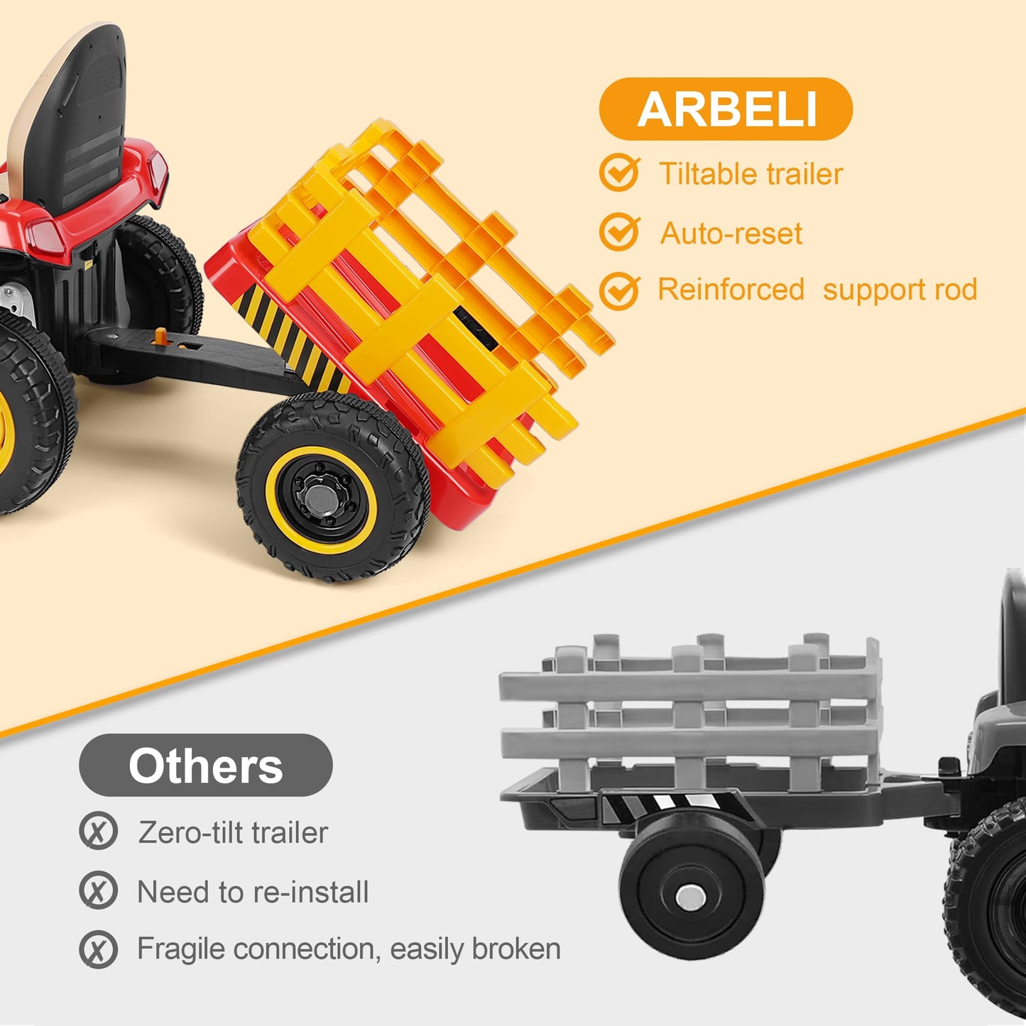 Arbeli 12V 7Ah Ride On Tractor W/Tiltable Trailer & Remote Control, 2X45W Motors, Bluetooth, Music, Shifter, Electric Car For Ki