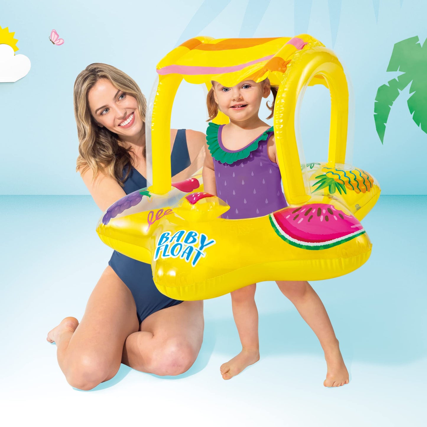 Intex 56573Ep Outdoor Swimming Pool Inflatable Comfortable Shaded Canopy Starfish Lounger Baby Toddler Float Safety Raft, Yellow