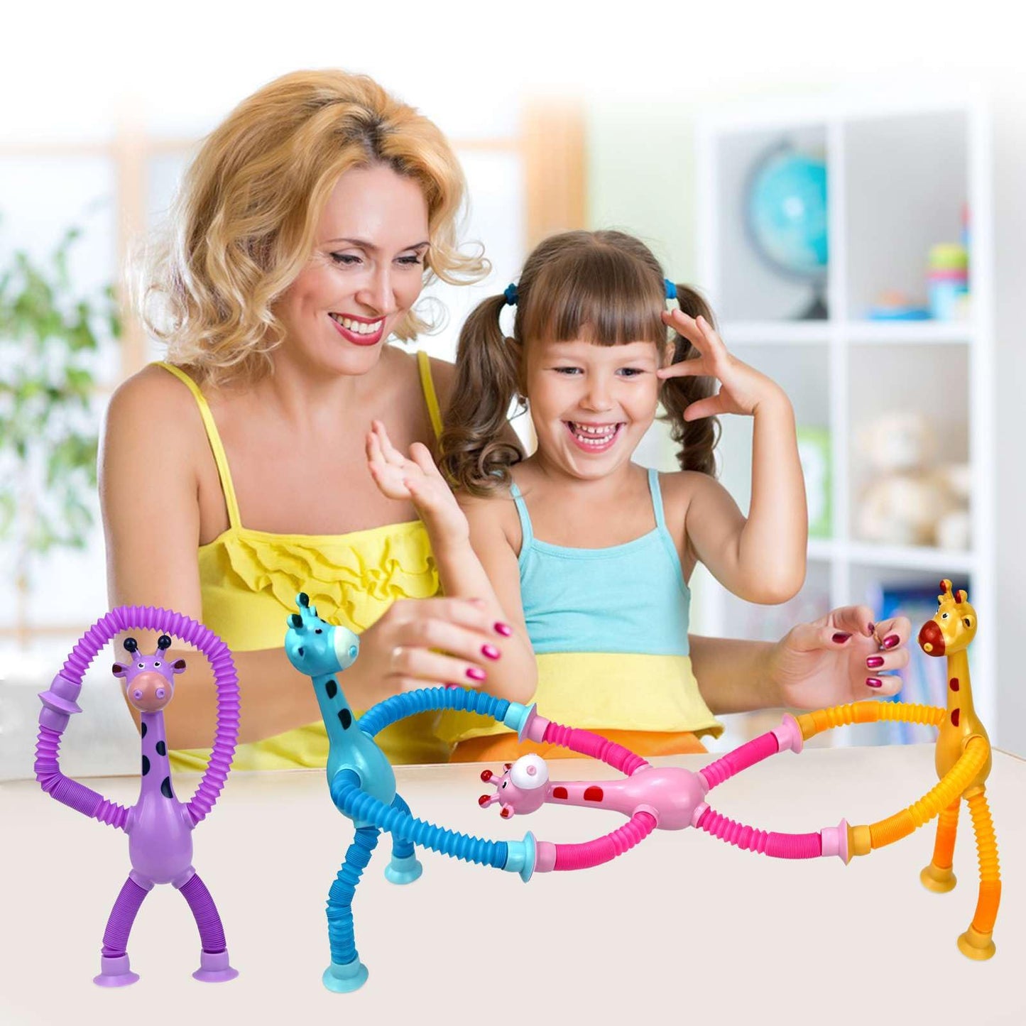 4 Pack Telescopic Suction Cup Giraffe Toy, Pop Tubes Baby Fidget Toys, Fine Motor Skills And Creative Learning, Autism Sensory T