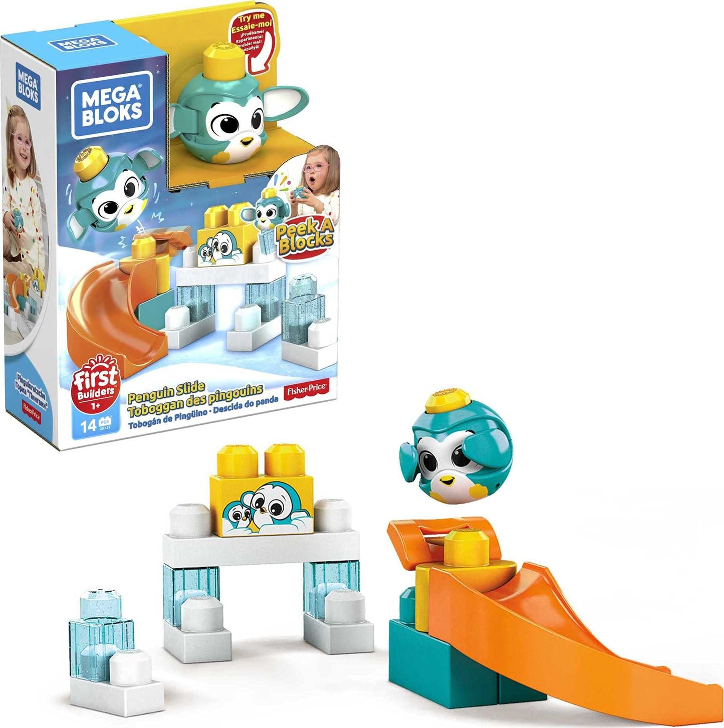 Mega Bloks Peek A Blocks Penguin Slide With Big Building Blocks, Building Toys For Toddlers (14 Pieces)